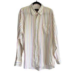 MINE White with Pastel Stripes 100% Linen‎ Button Down Shirt Mens L Coastal